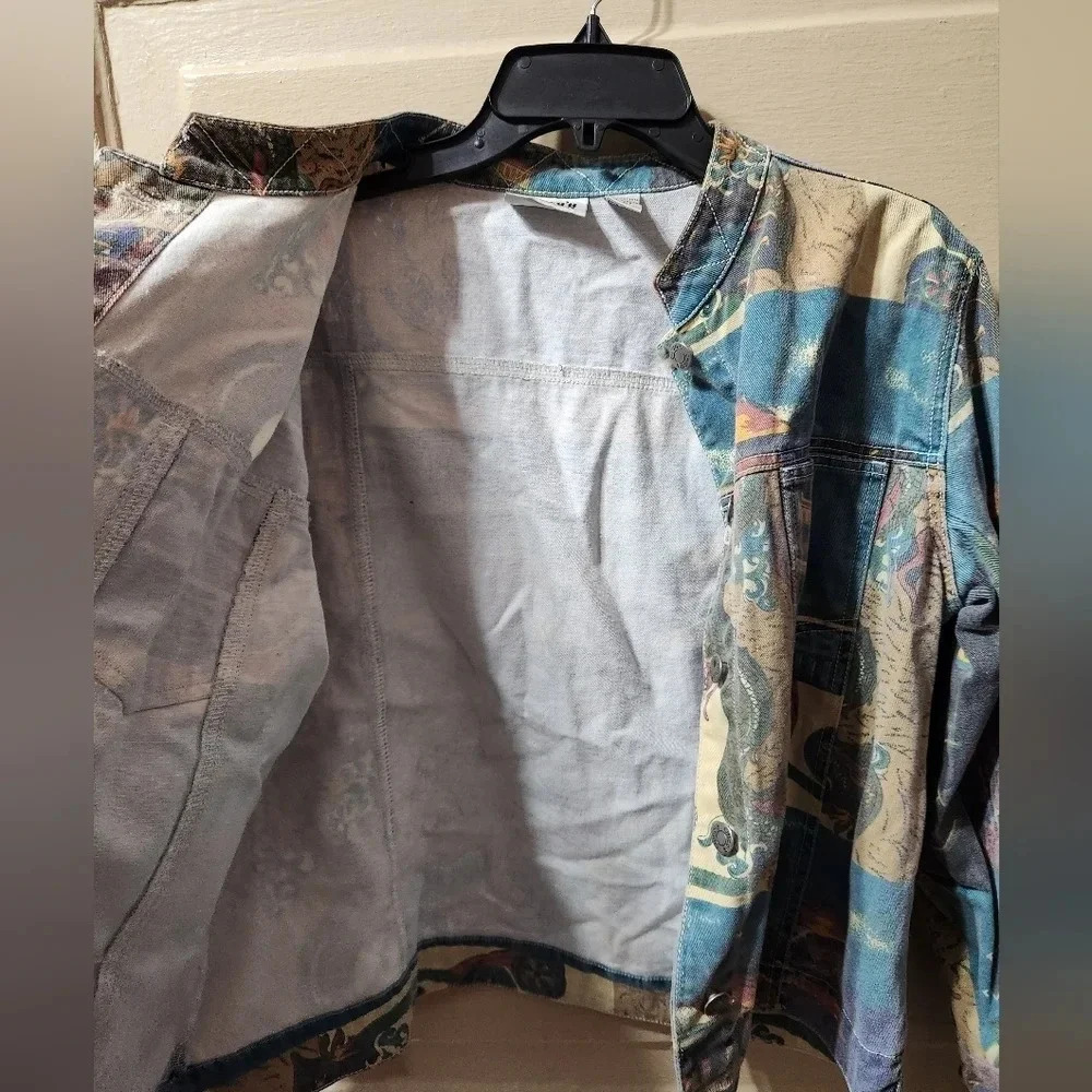 Chico's Design Vintage Japanese Art Print Button Up Denim Jacket - Picture 2 of 10
